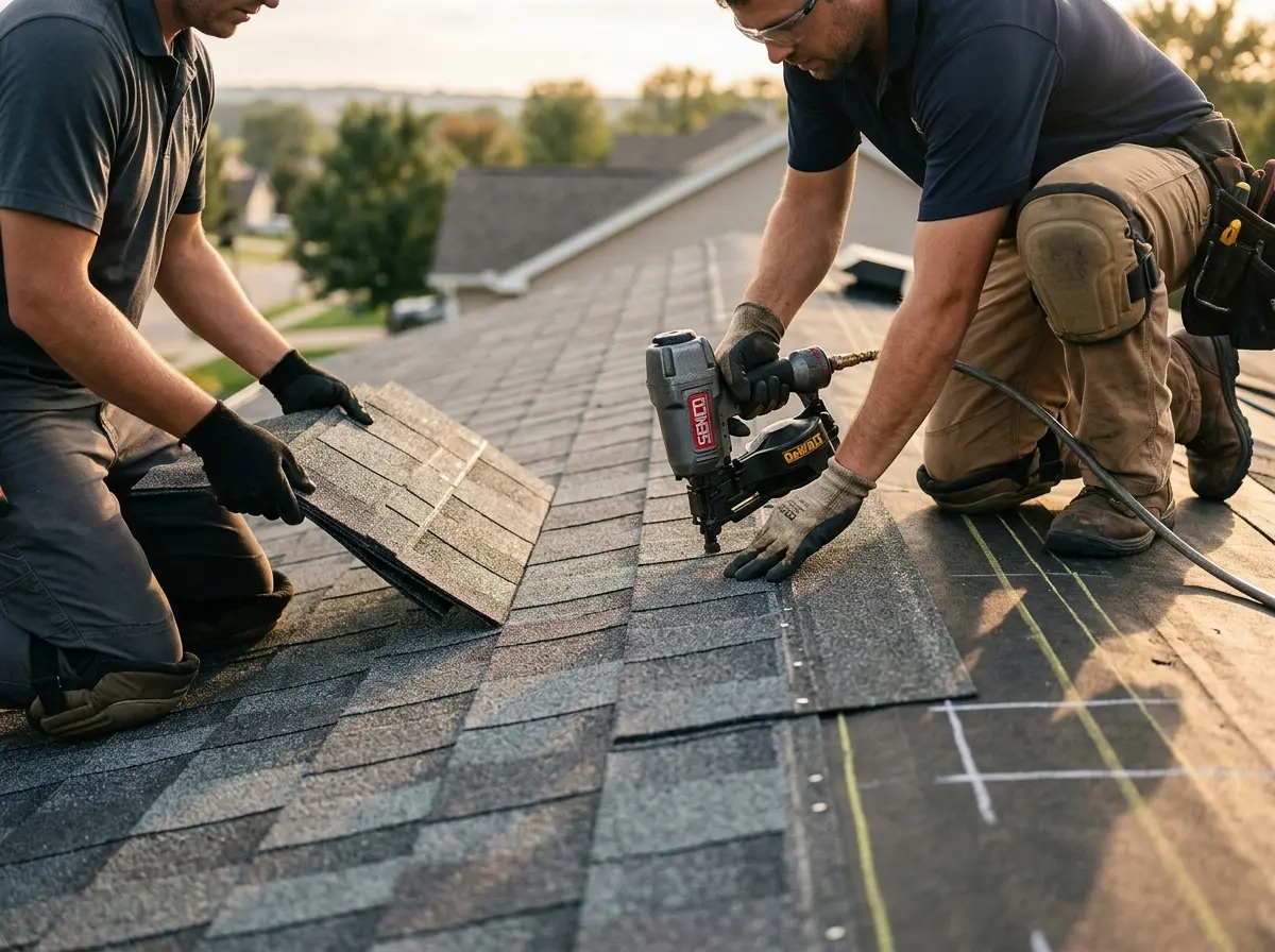 Professional roofer working on a residential roof in Richardson